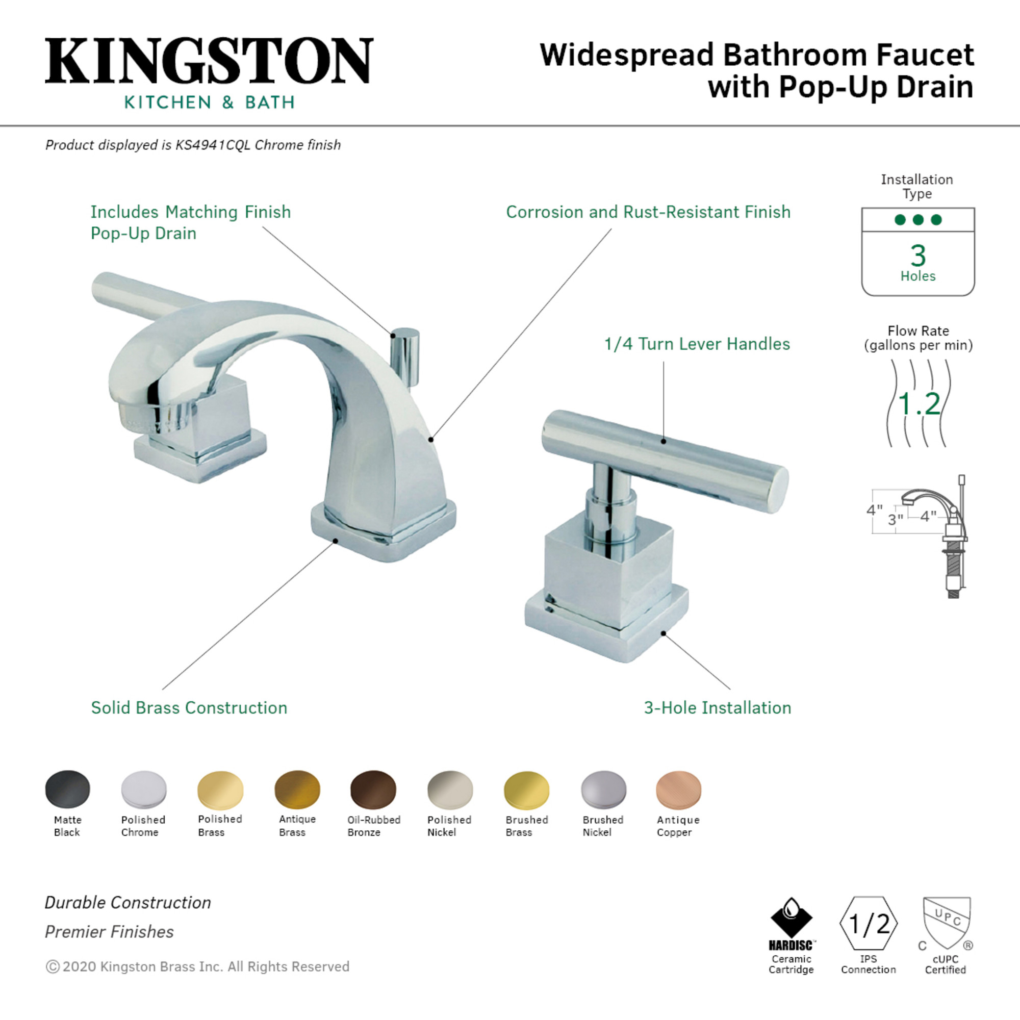 Kingston Brass KS4947CQL Claremont Widespread Bathroom Faucet with Brass Pop-Up, Brushed Brass