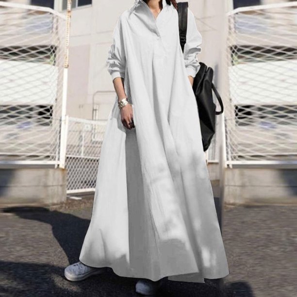 Moda mujer primavera vestido de color sólido cuello vuelto manga larga botón bolsillo suelto ve Abanopi Vestido de color liso