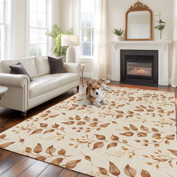 5'x8' Area Rugs, Brown Fall Leaves Indoor Outdoor Area Rug for Living Room Bedroom, Vintage Farmhouse Leaf Plants Washable Bathroom Rugs Kitchen Floor Carpet Mats Home Decor Aesthetic