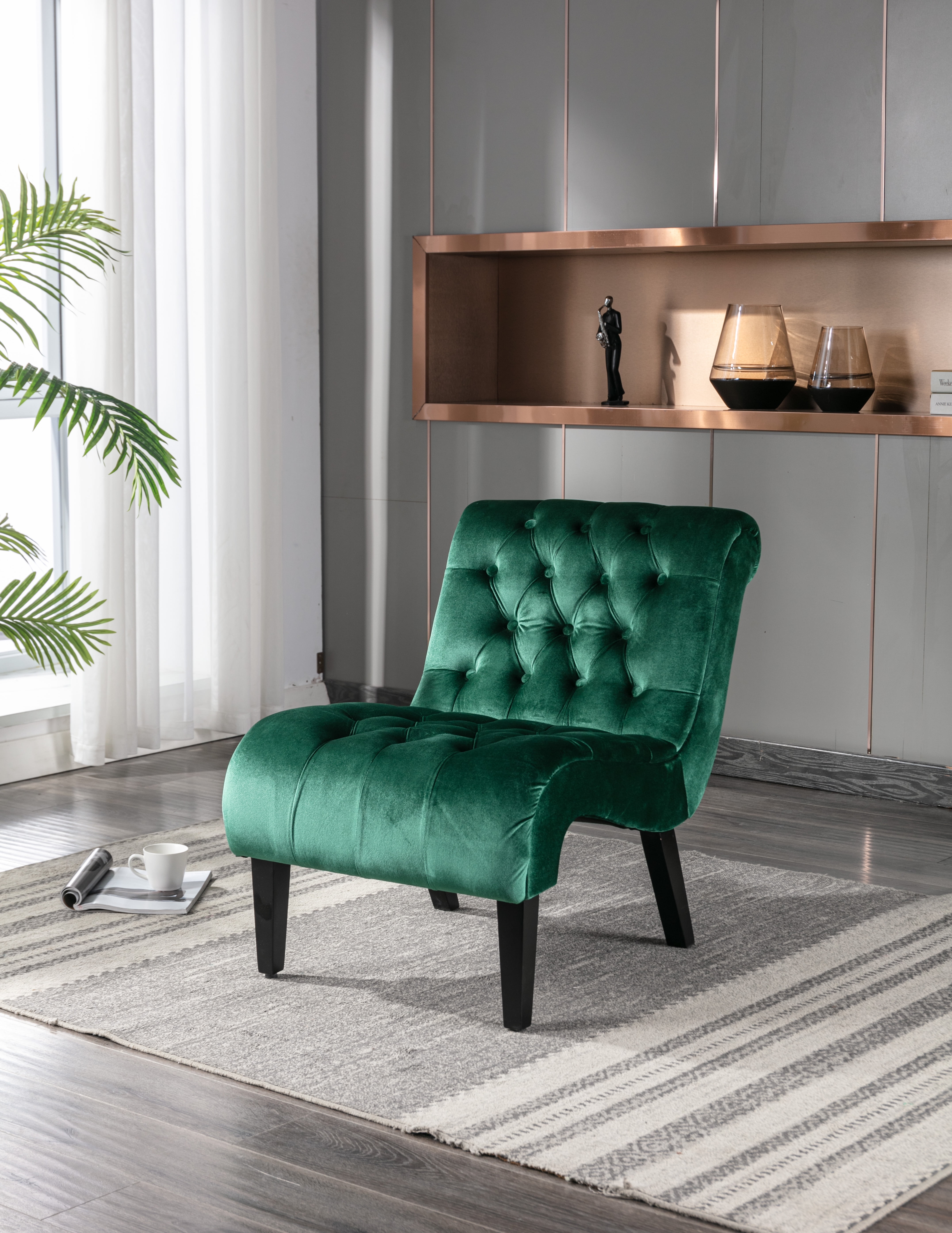 MAYEERTY Modern Velvet Armless Accent Living Room Chair / Leisure Chair,Upholstered Fabric Button Comfortable Chair with Wooden Legs for Bedroom, Living Room, Office，Green Velvet)