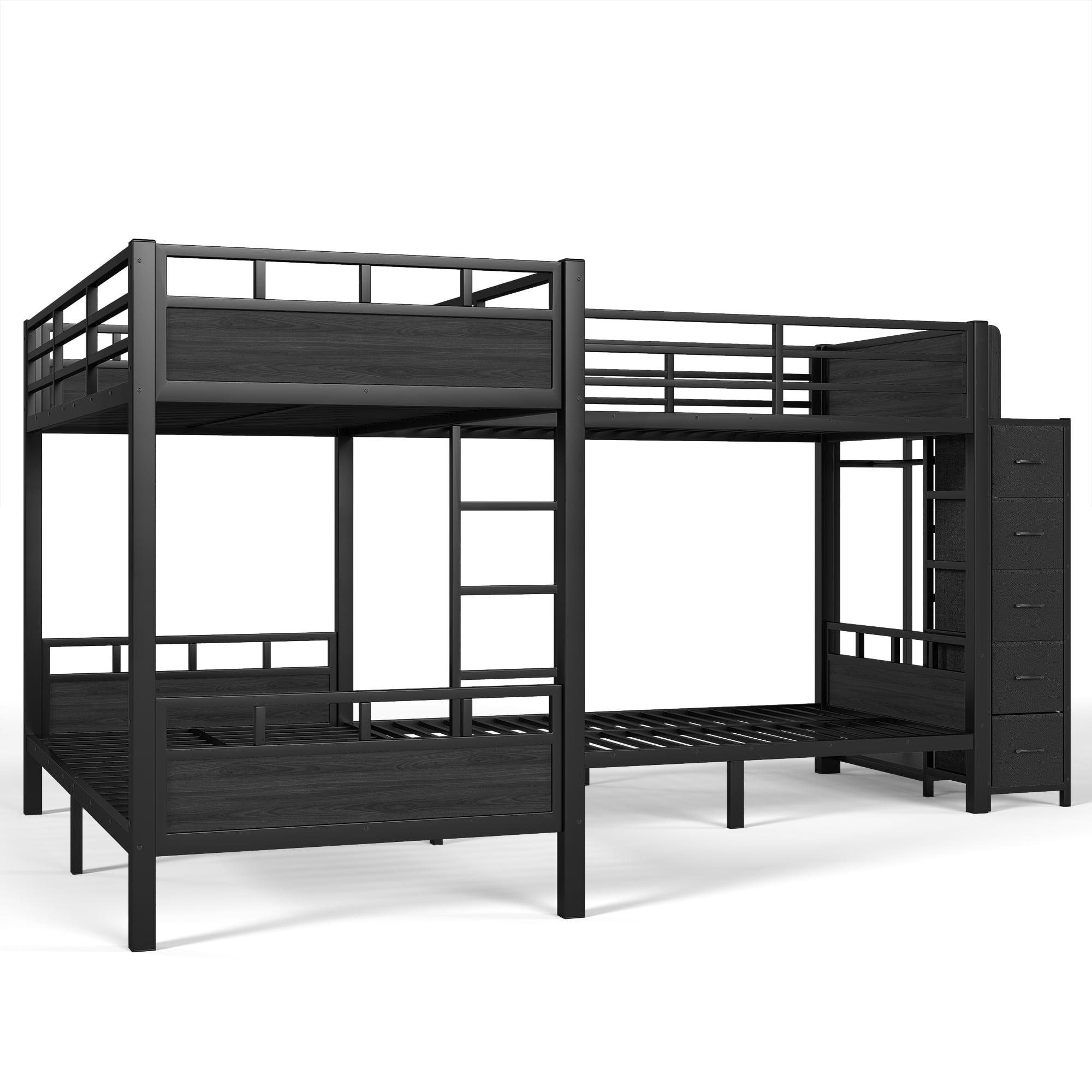 GARITIN Quad Twin Metal Bunk Bed 129.53 Inch, 4 Twin Bed Frame with Storage Drawers and Wardrobe for Kids Room, Black