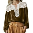 thumbnail image 2 of YFNNUP Velvet Tops for Women Lace Patchwork Mesh Top Elegant Babydoll Long Puff Sleeve Blouse V Neck Ruffle Vintage Shirts, 2 of 6