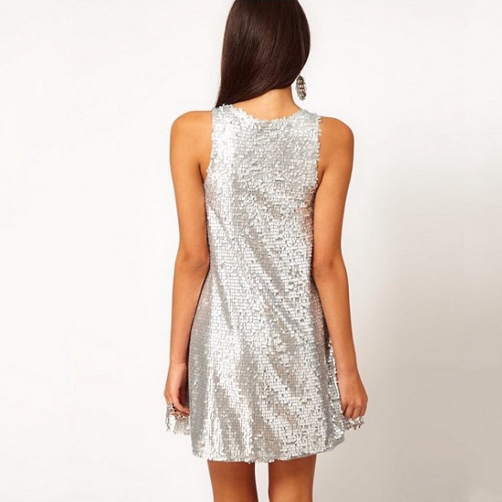 Women Silver Sequin Swing Dress O Neck 