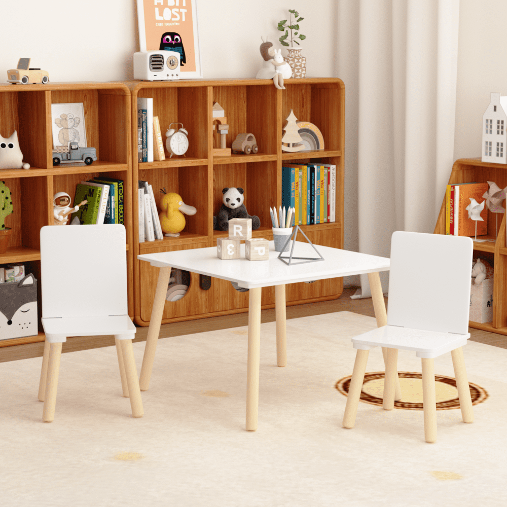Kids Table and 2 Chairs Set, 3 Pieces Toddler Table and Chair Set, Wooden Activity Play Table Set