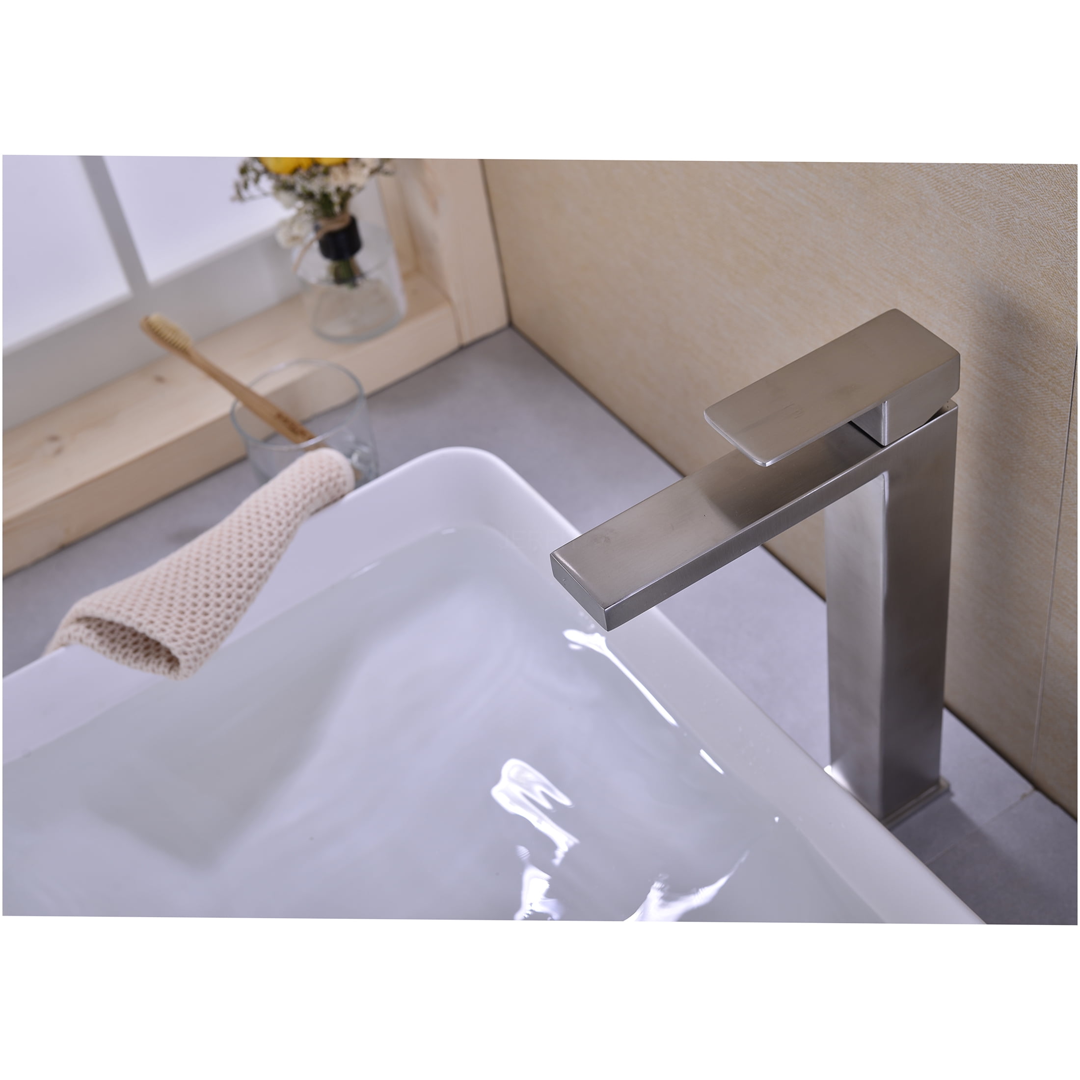 JERFIT Brushed Nickel Single Hole Bathroom Sink Faucet with Pop Up Drain, No-Overflow, Stainless Steel 1-Handle Vessel Lavatory Faucet