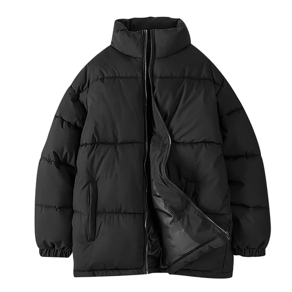 Mens Winter Coat Fleece Lined Thick Bubble Jackets Full Zip Casual Solid Stand Collar Windproof Warm Outerwear Plus Size Jacket Coats UK Clearance M-5XL