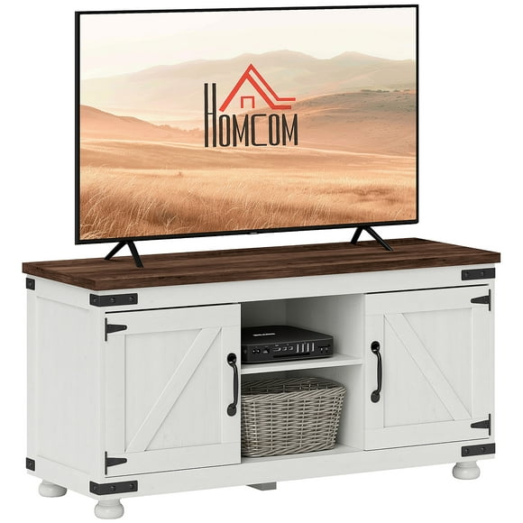 HOMCOM Meuble Télé Style Ferme pour Télé jusqu'à 50 Pouces avec Portes de Grange Blanc Vieilli