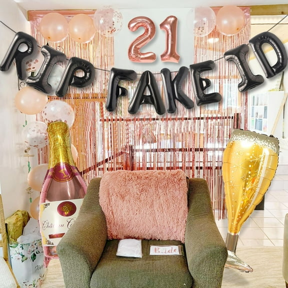 21st Birthday Party Decor Set - RIP FAKE ID Theme Rose Gold Luxury Coming-of-Age Ceremony Decoration