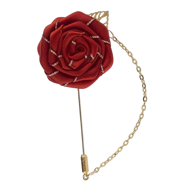 Broche de flor rosa para hombre, cadenas de eslabones colgantes, Pin para camisas, insignia, traje de ramillete, Pin, insignia de solapa para camisas rojo oscuro