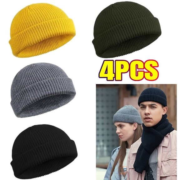 4 Pieces Trawler Beanie Watch Hat Roll up Edge Skullcap Fisherman Beanie Unisex