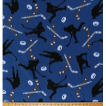 Fleece Hockey Players Hockey Sticks and Pucks on Blue Winter Sports Fleece Fabric Print by the Yard (7785M-10C)