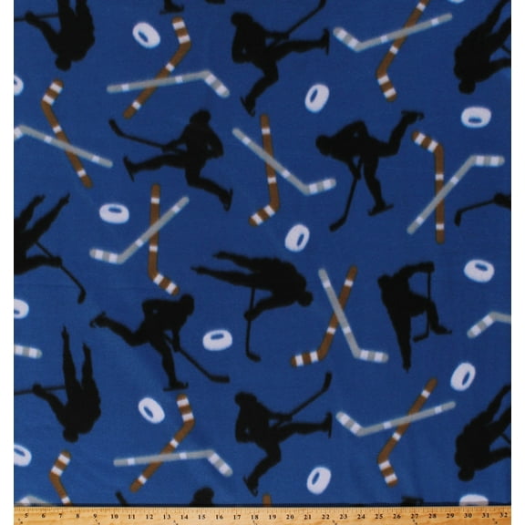 Fleece Hockey Players Hockey Sticks and Pucks on Blue Winter Sports Fleece Fabric Print by the Yard (7785M-10C)