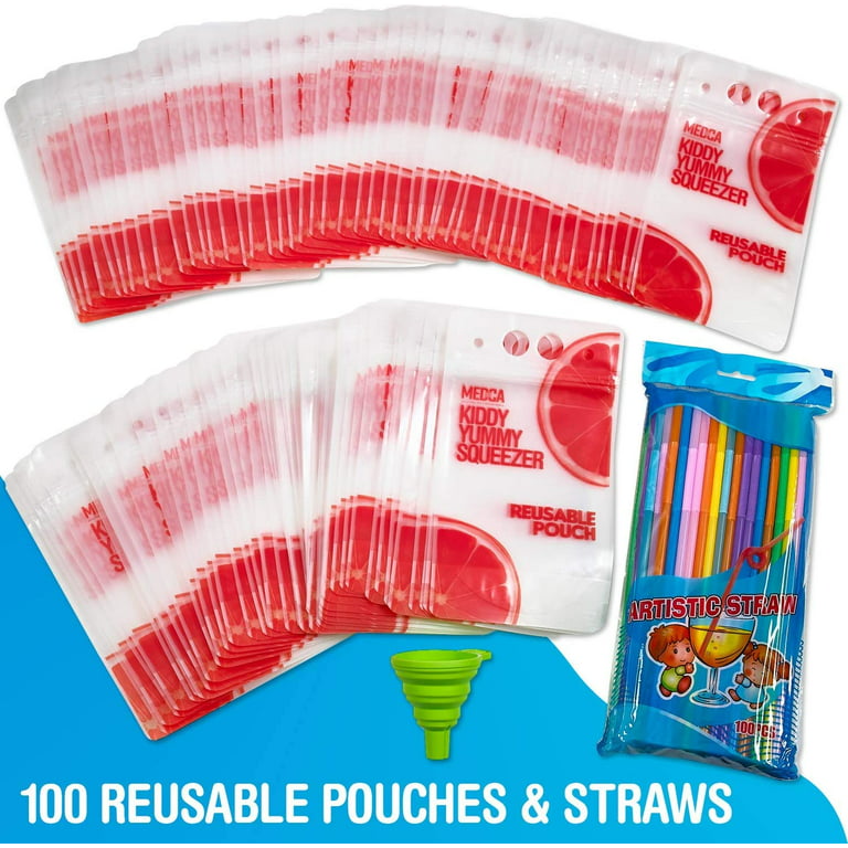 Ouddy 50 Pcs Drink Pouches, Juice Pouches for Adults, Reusable, Reclosable  Zipper Smoothie Bags for Cold & Hot Drinks with 50 Straws & Silicone Funnel