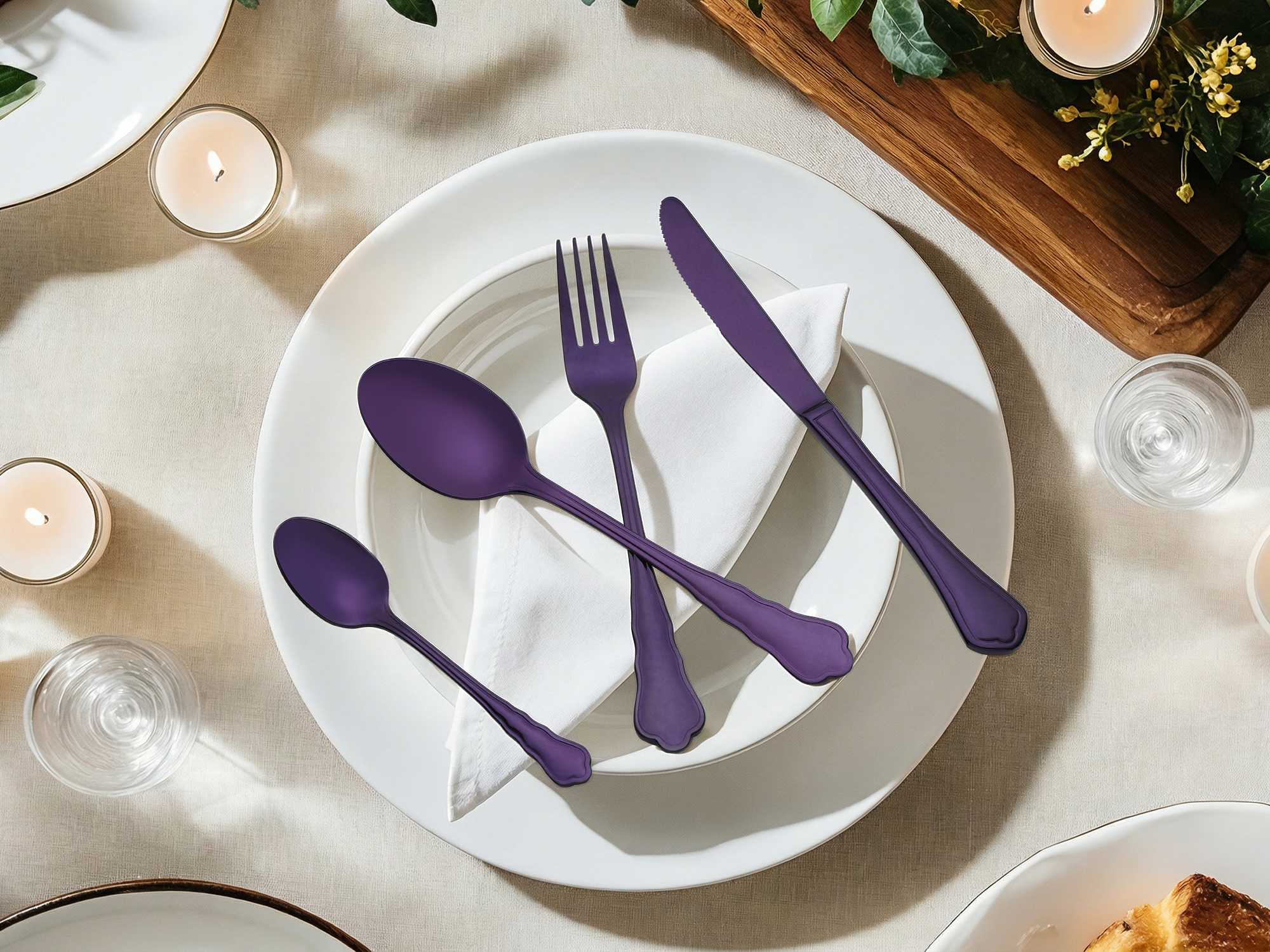 Unique Bargains Durable Stainless Steel Flatware Set for Kitchen Use Purple 4pcs