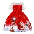 thumbnail image 1 of XIMIN Robe de Noël à Manches Courtes en Dentelle pour Filles, Col Rond, Patchwork de Dentelle de Père Noël, Imprimé Renne, Robe de Princesse Évasée, Robe de Fête de Noël, 1 of 7