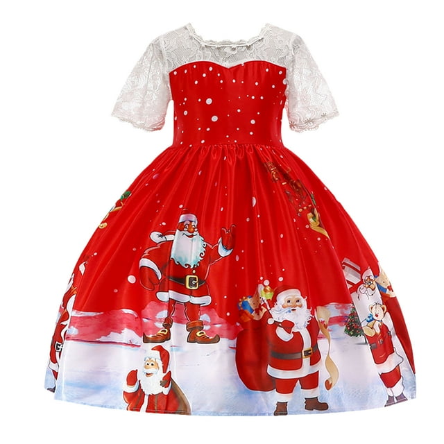 XIMIN Robe de Noël à Manches Courtes en Dentelle pour Filles, Col Rond, Patchwork de Dentelle de Père Noël, Imprimé Renne, Robe de Princesse Évasée, Robe de Fête de Noël