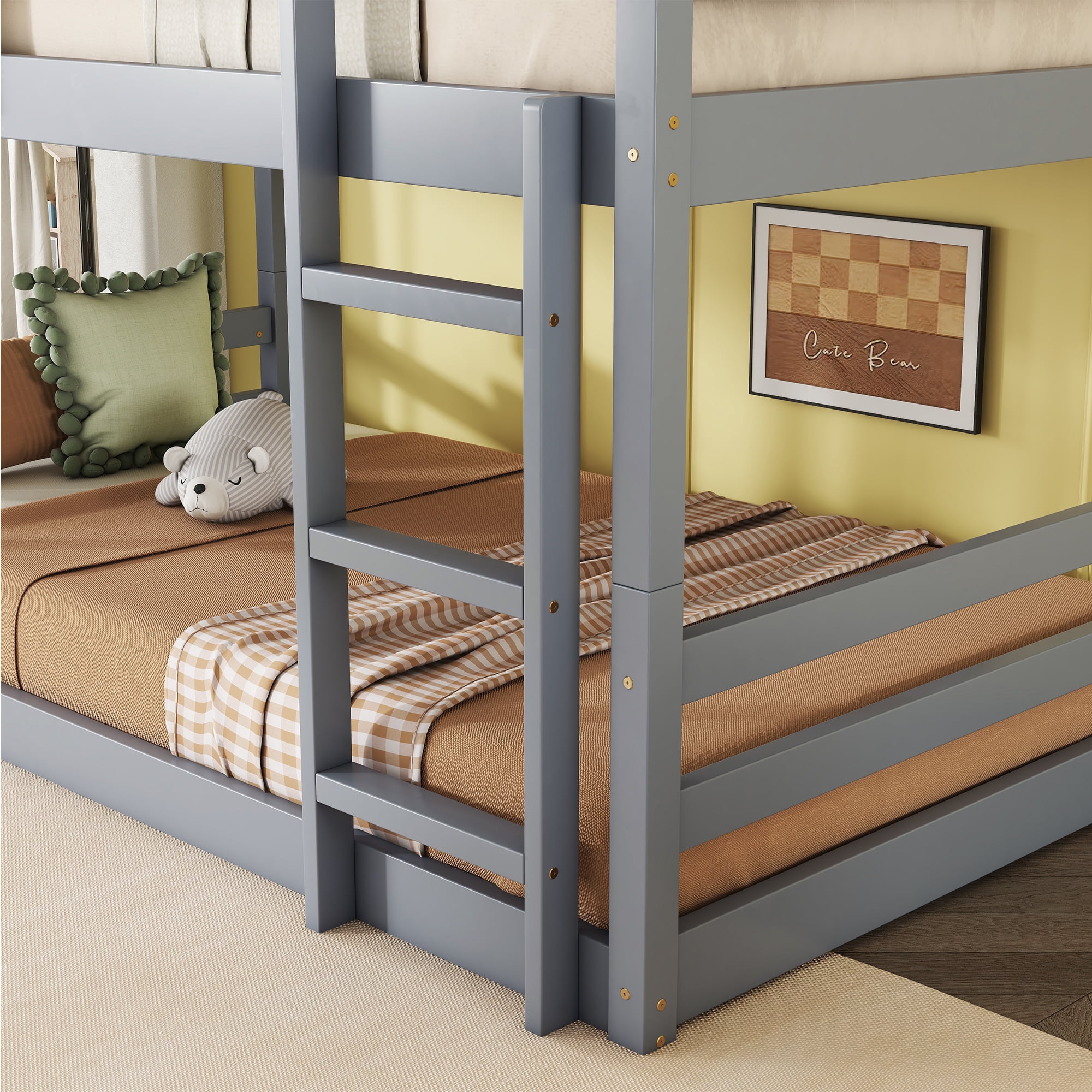 Sailvan Bunk Bed Twin over Twin over Twin with Two Built-in Ladders Guardrails, Wood, Detachable Triple Twin Bunk Bed