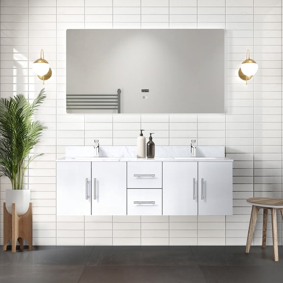 60 In. W X 22 D Glossy White Bath Vanity - Two Spacious Compartments, Drawers, Soft Close, Abundant Storage, Fully Assembled, Solid Wood & Construction Double Compartments And Ample