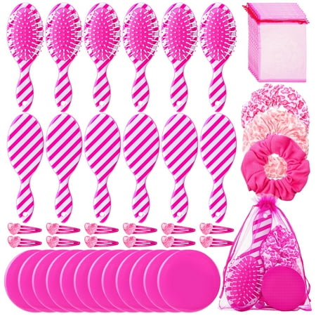 Havawish 60 Pcs Pink Girls Makeup Party Favors Pink Princess Party Supplies Include Pink Hair Brushes Pink Elastic Scrunchies Pocket Mirrors Hair Clips Gift Bags Hair Accessories C80