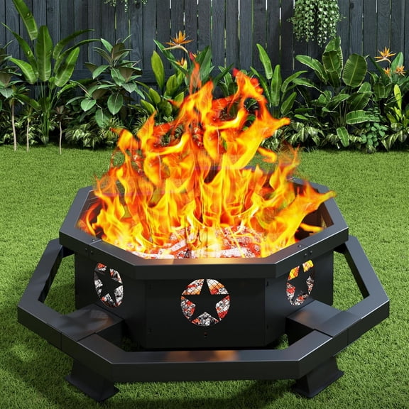 45" Octagonal Fire Pit, Wood Burning Fire Pit with Poker for Outside