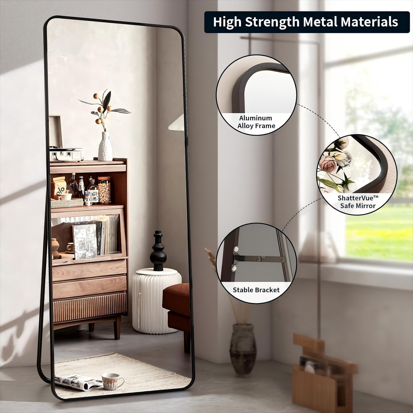 Anyrose 21"x64" Rectangular Full Length Mirror Aluminum Alloy Frame Floor Mirror，Black