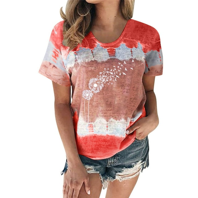 Hauts pour Femmes Décontractés Été Manches Courtes Tunique Ample T-Shirts Habillés Henley Col Rond Mode Imprimé Blouses Basiques