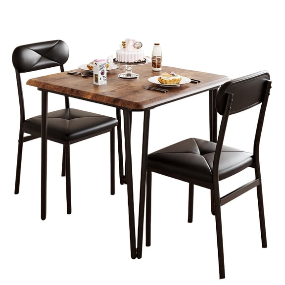 3 Piece Dining Set for 2, Table and 2 PU Leather Upholstered Chairs, Wood Top Breakfast Dinette for Small Space, Kitchen, Apartment, Dining Room, Rustic Brown (Diamond Seat Back)