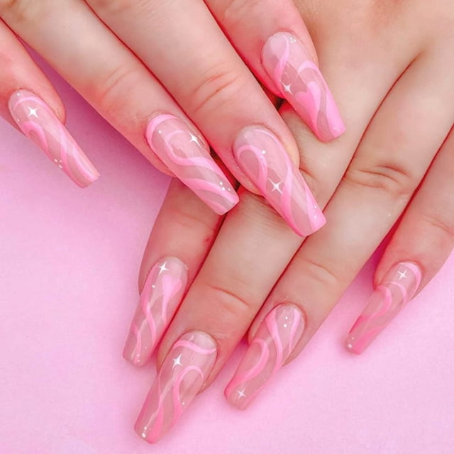 Uñas postizas acrílicas de cobertura total de Apuakthei, uñas postizas de color rosa, para mujeres y niñas, 24 unidades