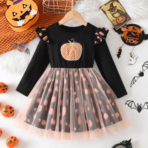 HNMKIU Halloween for Girls Long Sleeve Party Dance Kids Halloween Dress Child Black - 4-5 Years