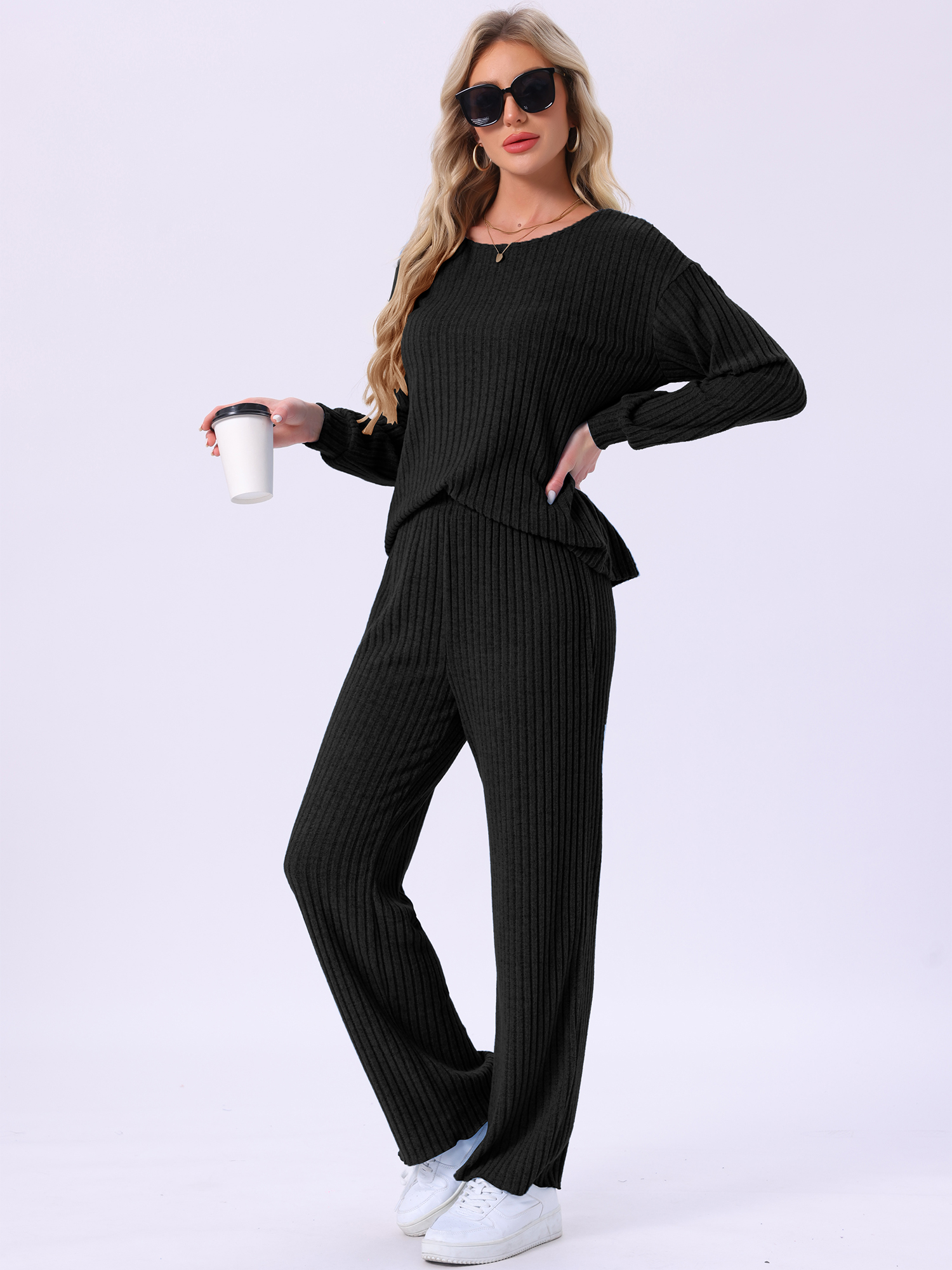 DARING DIVA Ribbed Knit Pajama 2 Piece Long Sleeve Top Pants Sleepwear S Black