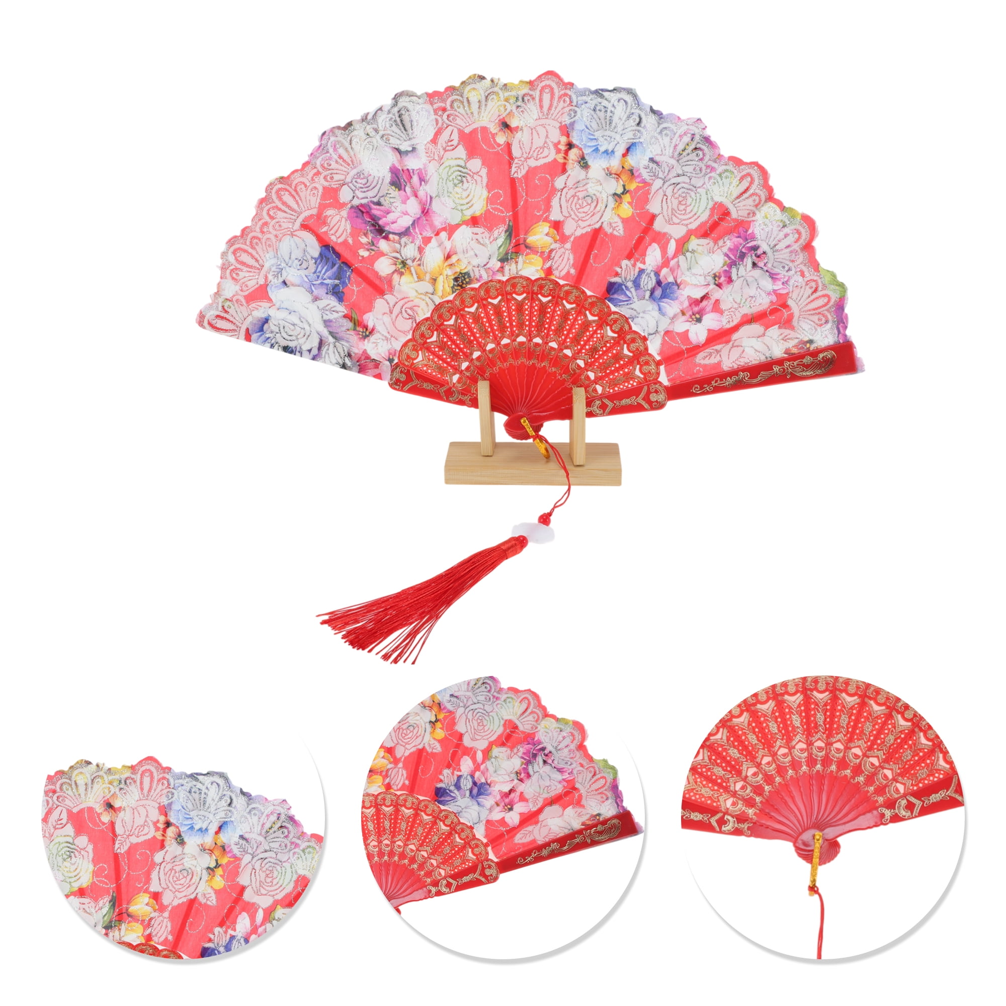 Unique Bargains Rose Print With Tassel Folding Fan 1 Pc For Summer Events Decorations Red