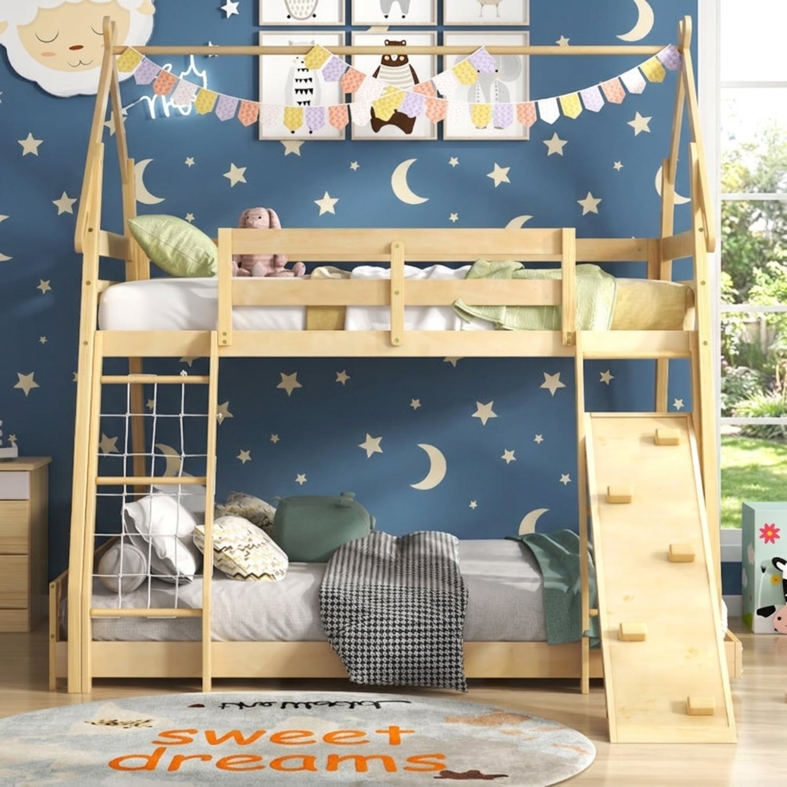Furnibear Twin Over Queen Bunk Bed Wooden Kids Bed Frame with Climbing Nets Ramp and House Roof for Kids Bedroom, Natural