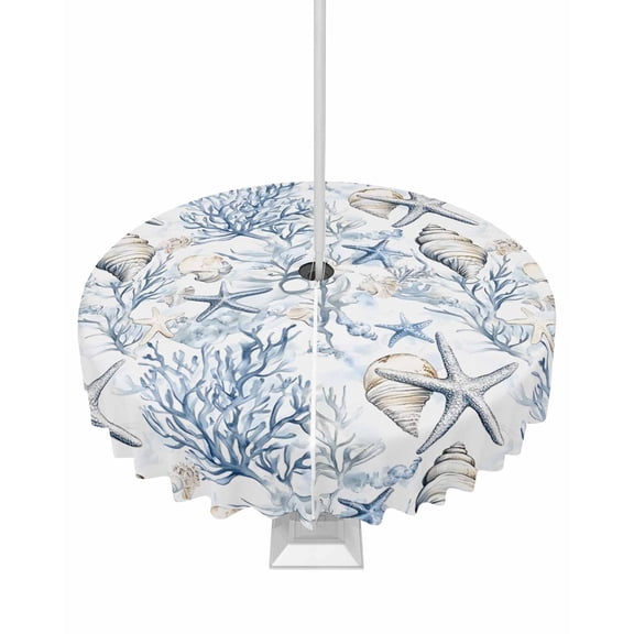 nqOlkjepod Blue Coastal Outdoor Tablecloth with Umbrella Hole & Zipper, Ocean Coral Starfish Conch Sea Watercolor Round Table Cover 54 Inch, Dining Waterproof Table Cloth Protector for Patio/Party