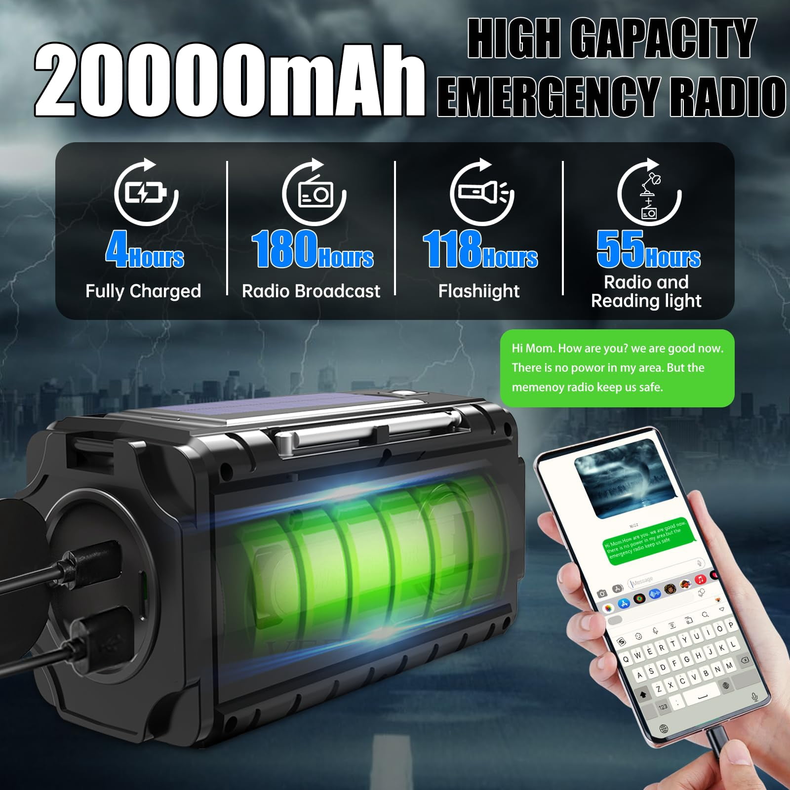 Emergency Radio Hand Crank Solar  Am/fm/sw Noaa Weather Built-in 20000mah Large Type-c Flashlight Reading Light Sos Compact & Portable For Camping/emergencies