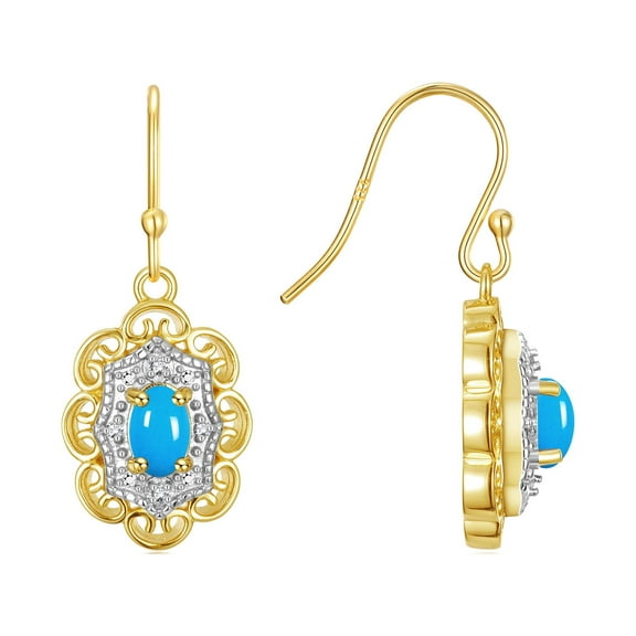 Rylos Yellow Gold Plated Silver Antique Style Floral Earrings - Oval 6X4M Turquoise & Sparkling Diamonds - Exquisite Birthstone Jewelry