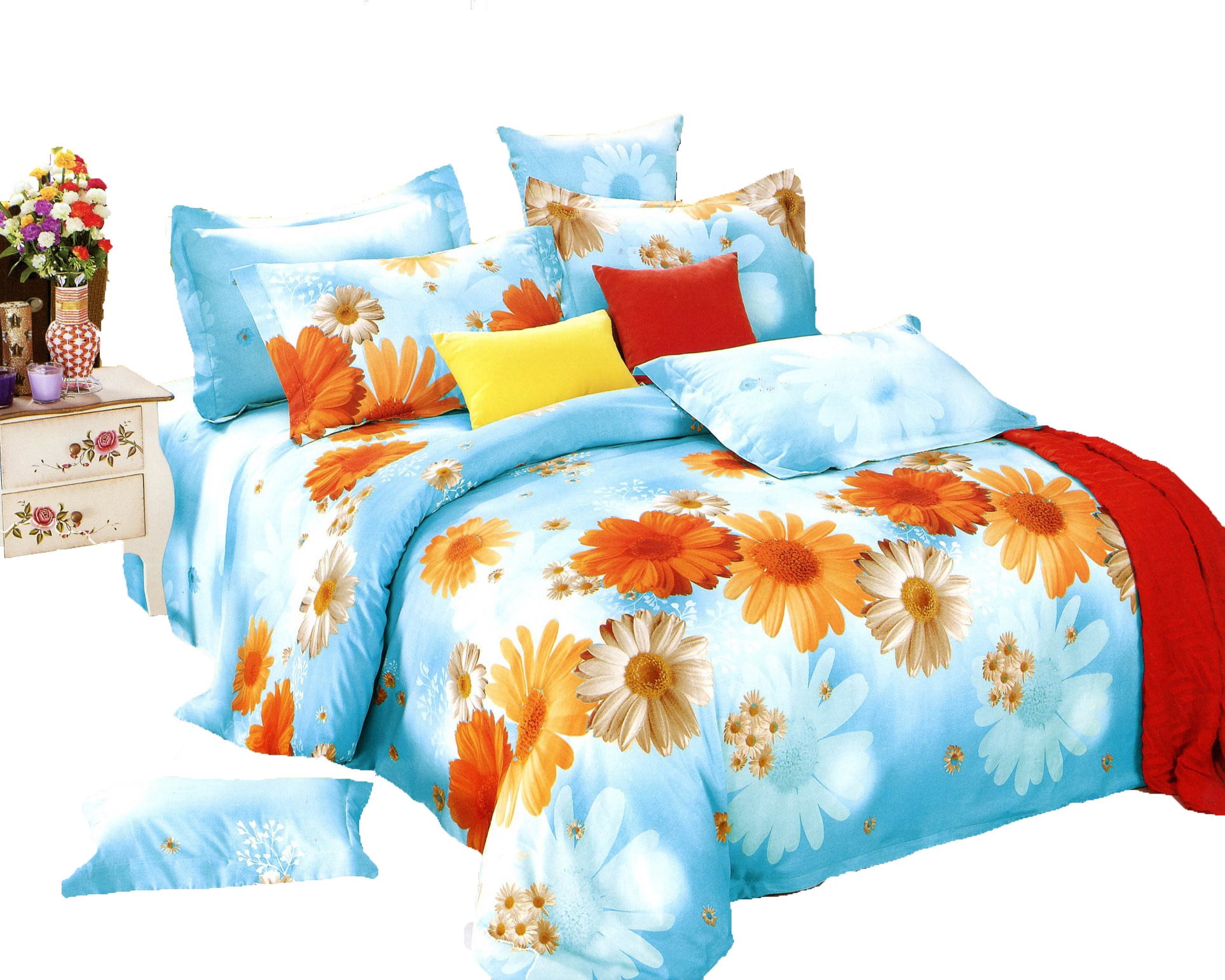 Swanson Beddings Sunny Blue Daisy 3-Piece 100% Cotton Bedding Set: Duvet Cover and Two Pillowcases (King)