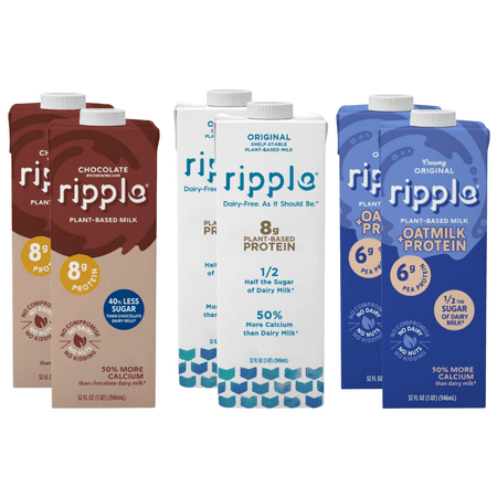 Ripple Non-Dairy Milk, Variety Pack | Original, Chocolate, Oat Milk | 6 Pack | Vegan Milk With Pea Protein | Shelf Stable Cartons | Non-GMO, Plant Based, Gluten Free | 32 oz