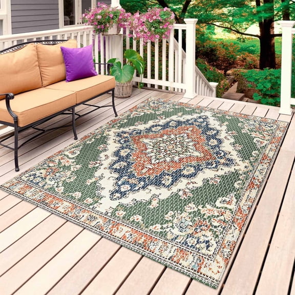 Orange Green Boho Outdoor Rug 5x7 Ft, Non Slip Washable Area Rug, Medieval Vintage Ethnic Floral Abstract Patio Rugs Carpet Runner, Large Floor Mat for Indoor/Outdoor Deck Porch Camping