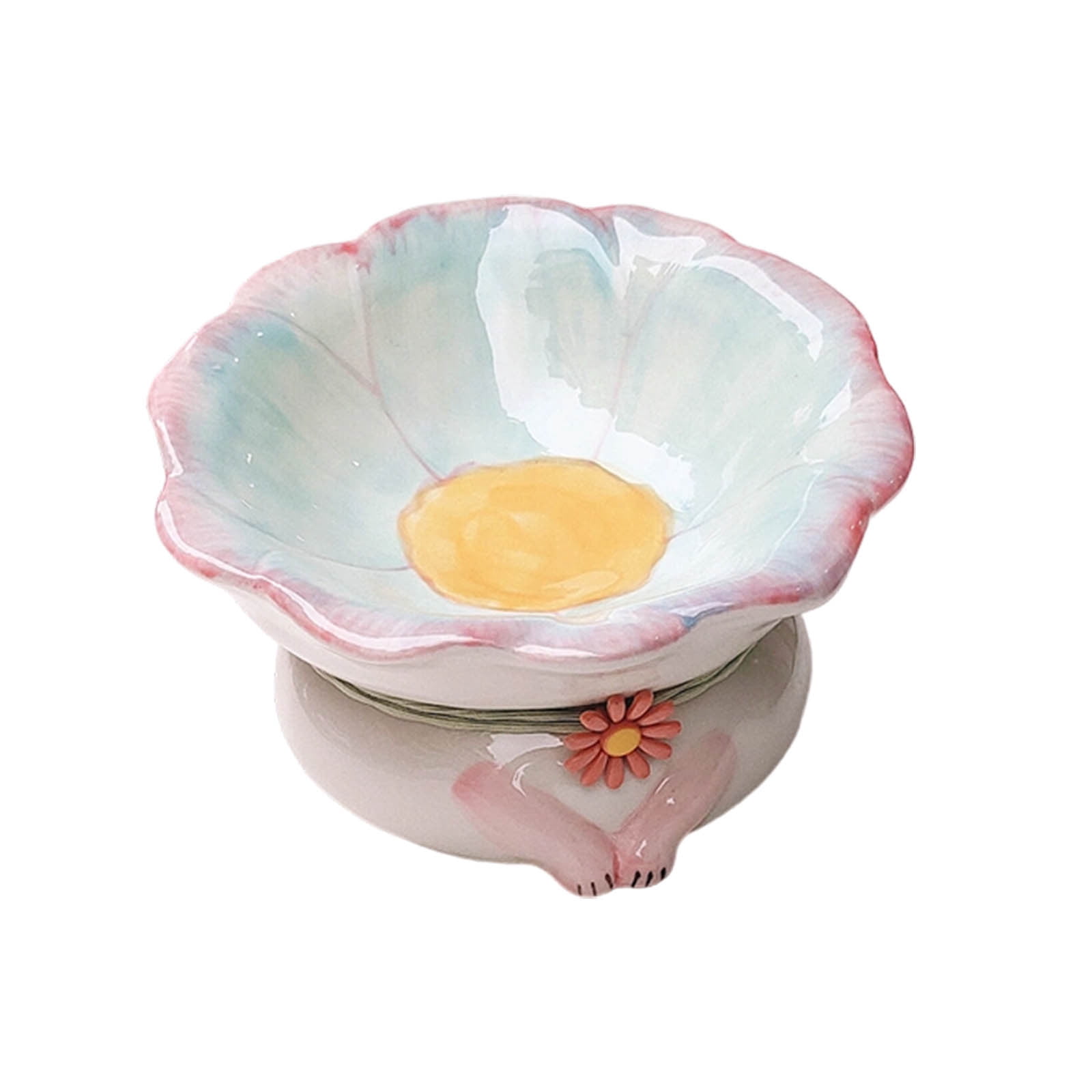 Elevated Ceramic Cat Bowls - Anti Vomiting Dish, Cute Flower Design, Non- Tilted Pet Feeder, Shallow Ceramic Cat Bowl | Comfortable Feeding Station for Indoor Cats, Kittens, Pets, Home Dining