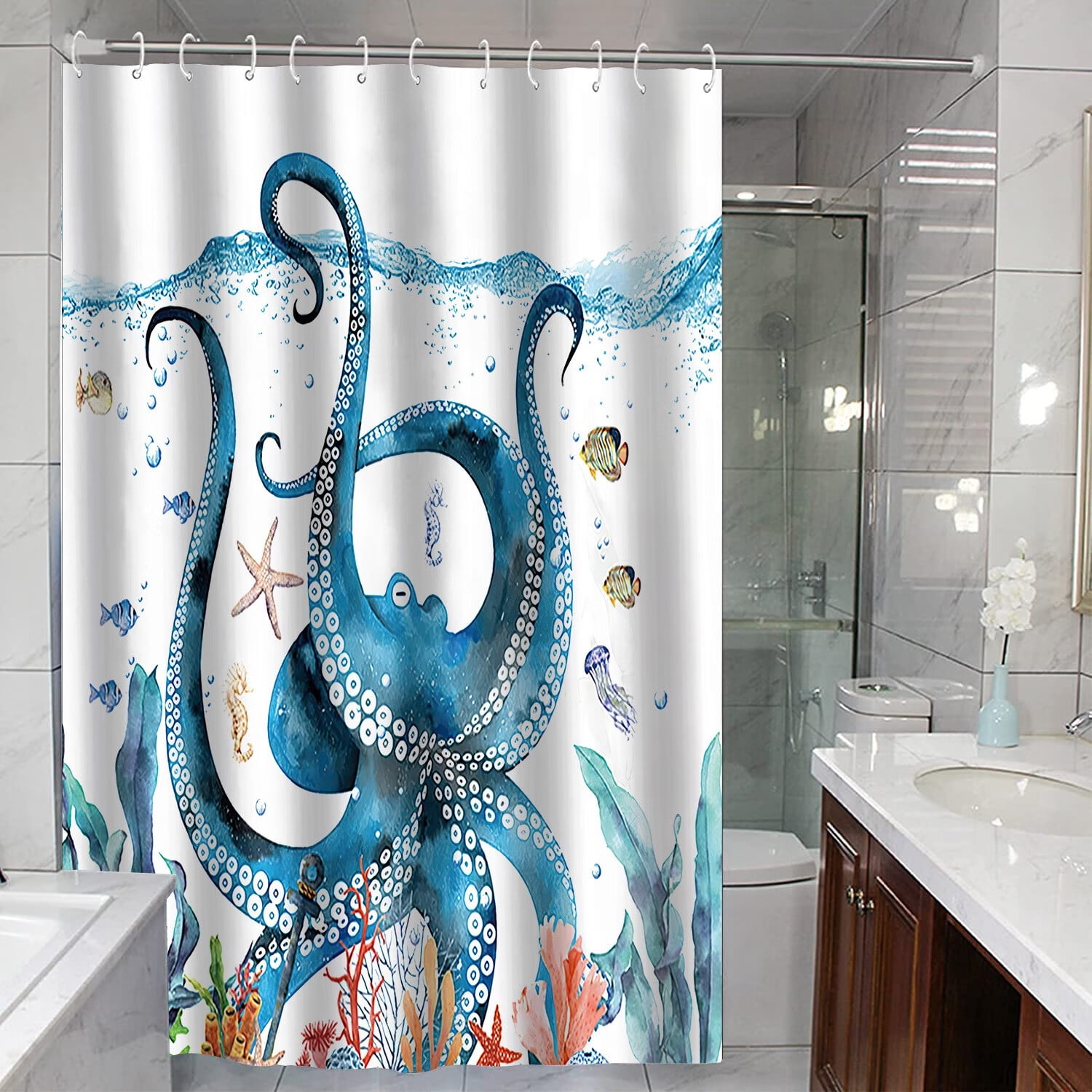 Funny Dog Shower Curtain Set Teal Blue Sea Ocean Waterproof Fabric Shower Curtains with Animal