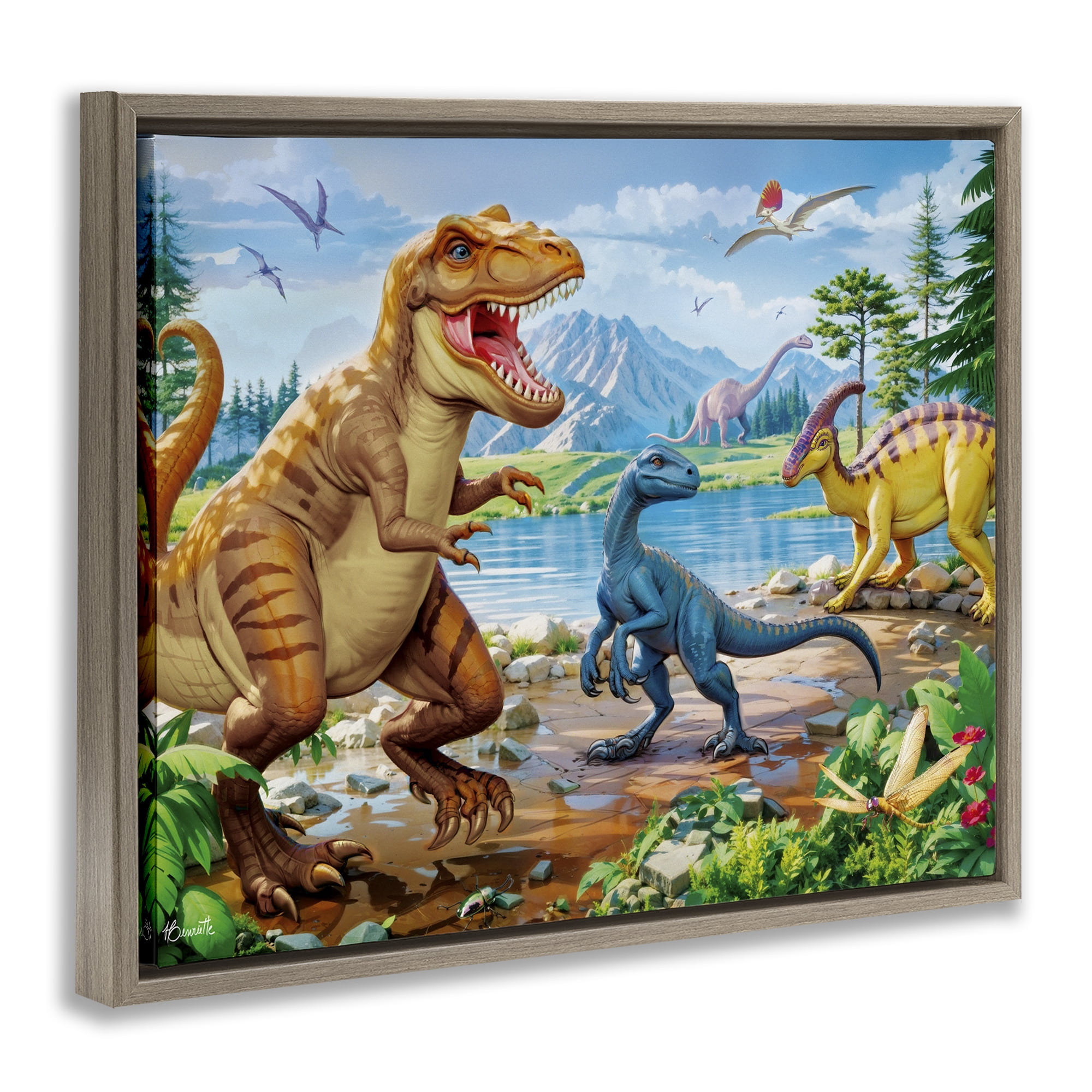 Stupell Industries Lush Jurassic Lakeside Brown Framed Floater Canvas Wall Art, design by Henriette Chinaglia