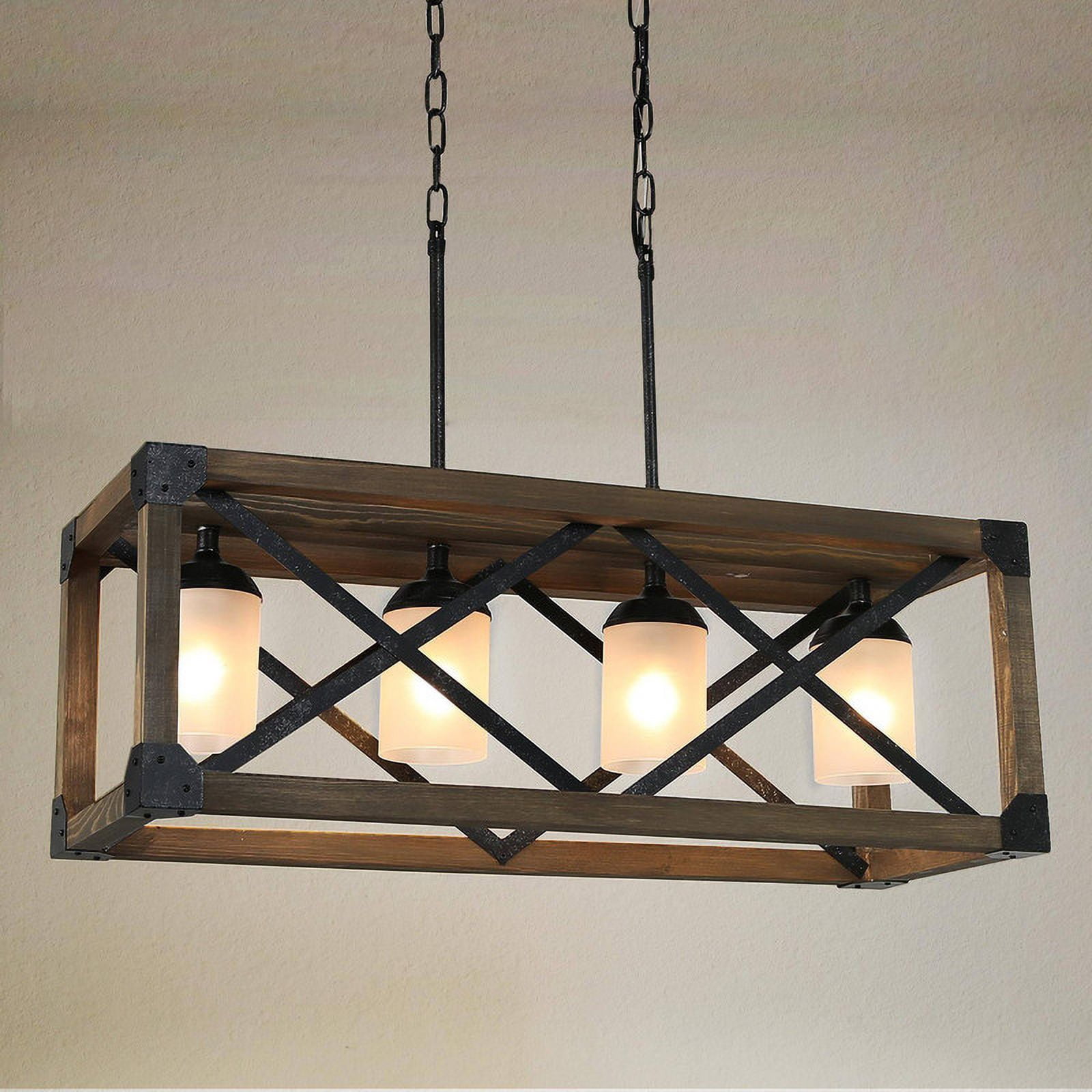 LNC Farmhouse 4-Light Rectangle Chandelier with Wood Frame and Frosted Glasss, 27.5" Wide