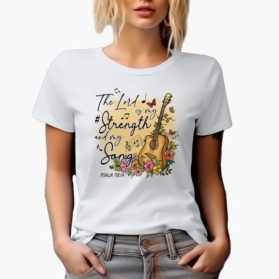 The Lord Is My Strength and My Song, Psalm 118 14 with Hand Drawn Guitar Art Merch Gift, White T-Shirt, Small