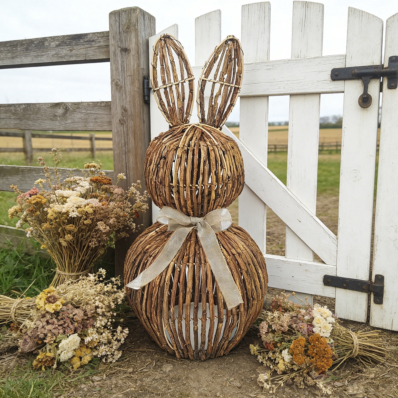 Easter Natural Rattan Hand-Woven Bunny Basket Decoration, Handcrafted Sustainable Material, Multi-Use Egg Treat Holder, Rustic Farmhouse Style, for Easter Party Home Decor Gifting Egg Hunts