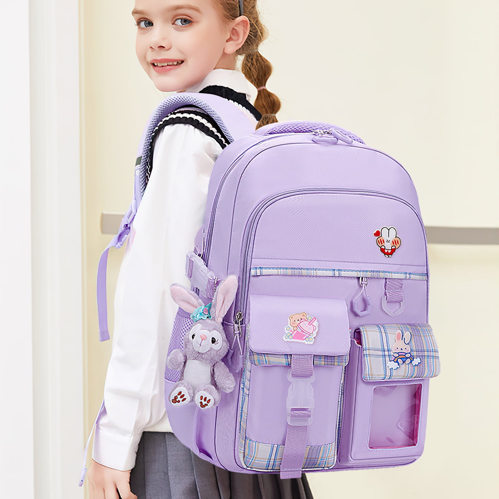 Kadyn Travel Backpacks, Cute Bookbag for Teen, Multifunctional School Durable Schoolbag with Lina Bell, 3 Decorative Cards and Lunch Bag, Purple