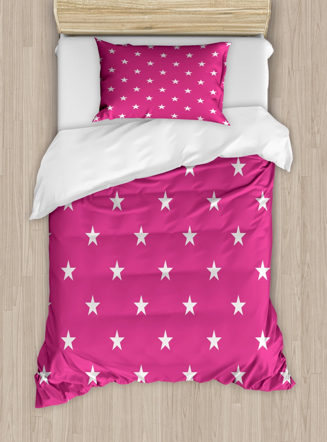 Hot Pink Duvet Cover Set Symmetrical Pattern With White Stars