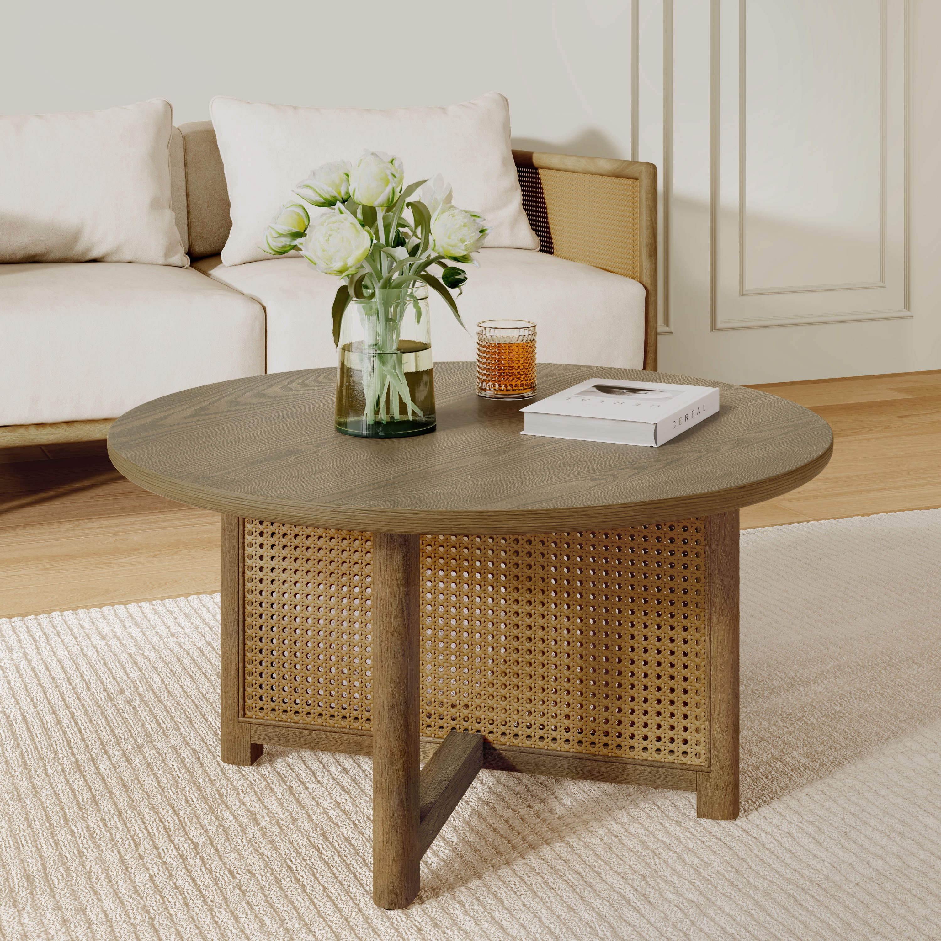 Euroco 32inch Round Dining Table for 4,Rattan Woven Wood Kitchen Table for Kitchen Living Room,Dining Room,Natural