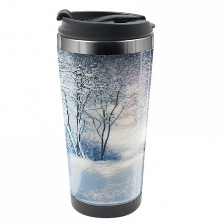 

Winter Travel Mug Alley in Snowy Forest Steel Thermal Cup 16 oz by Ambesonne