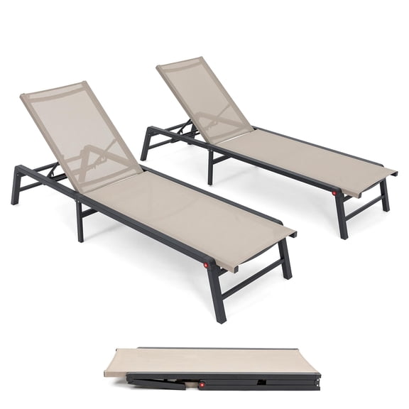 Ltmate Set of 2 Aluminum Outdoor Adjustable Backrest Chaise Lounge Chair, Assemble-Free Patio Folding Pool Lounge Chair,Beige