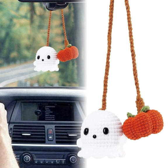 Uhnauch Halloween Ghost Car Accessories Hanging Ornament Crochet Pumpkin And Car Pendant For Car Rear View Mirror Interior Decoration